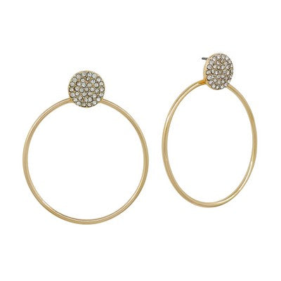 Meghan Brown RODE-GD earrings with a gold disc post with clear stones holding a large hoop earring.  