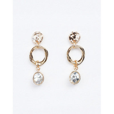 Meghan Browne clear crystal post in gold with a twisted round gold piece that dangles with another clear crystal hanging.  RORY-GC