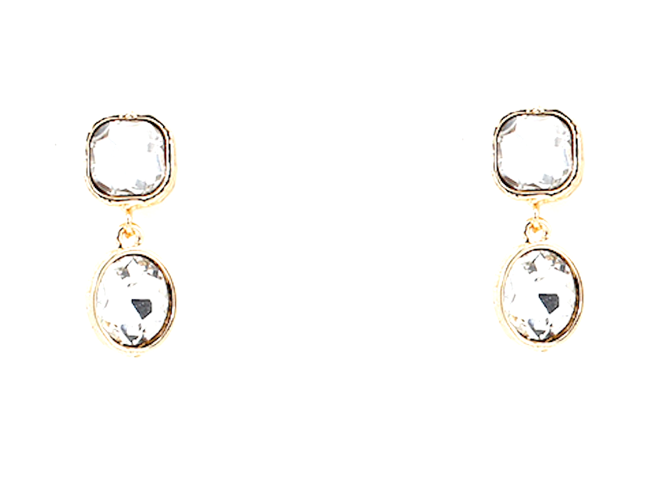 Meghan Browne ROSS-CL dangle earrings with a clear colored stone stud earring and a second dangle clear stone