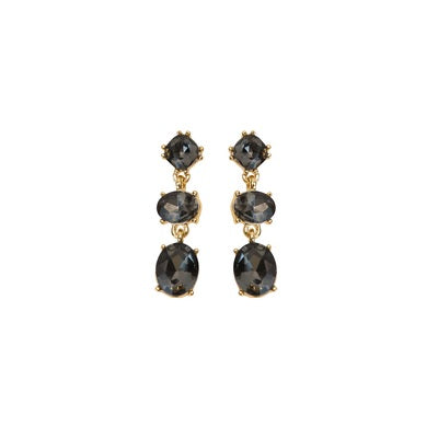 Meghan Browne SURI-BD earrings with a black crystal post and two dangle black crystals to make a triple black diamond drop earring