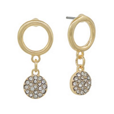 Meghan Browne TRUE-GD earrings with an open gold circle stud and a drop chain with a circle with clear gemstones