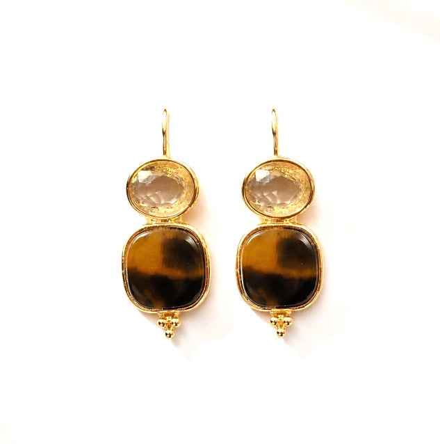 Meghan Browne VEG dangle earring with gold oval clear stone and a drop rounded square tortoise brown and black stone veg-tor.