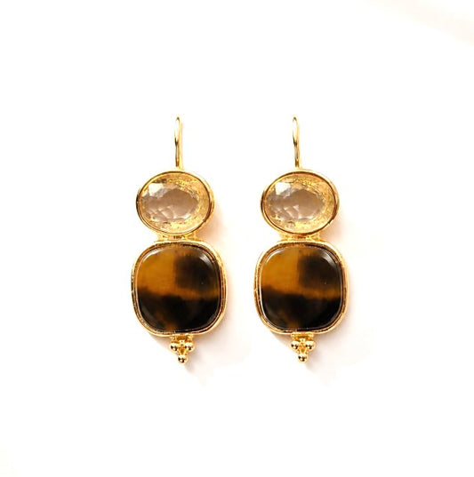 Meghan Browne VEG dangle earring with gold oval clear stone and a drop rounded square tortoise brown and black stone veg-tor.