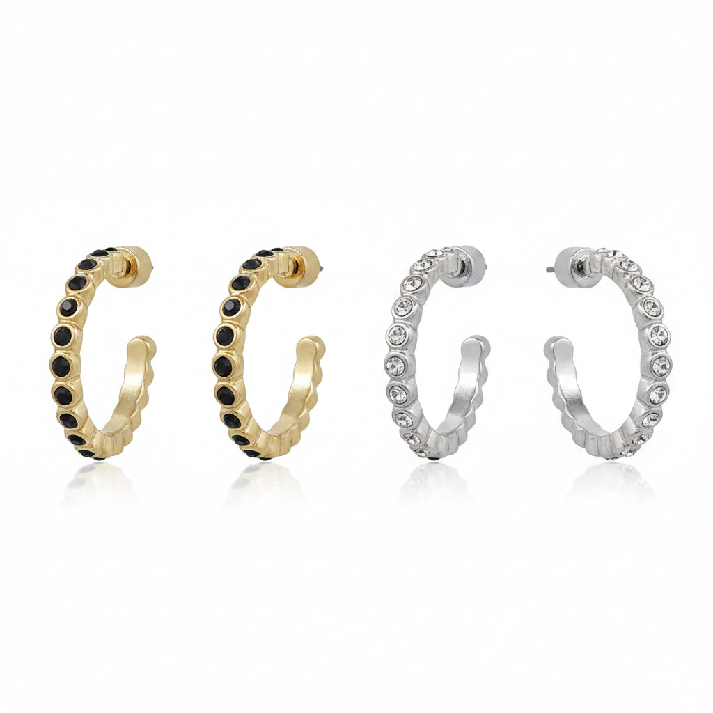 Meghan Browne VIE-BK 1 1/4 inch gold hoop earrings with black bead crystals.