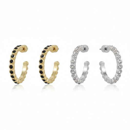 Meghan Browne VIE-BK 1 1/4 inch gold hoop earrings with black bead crystals.