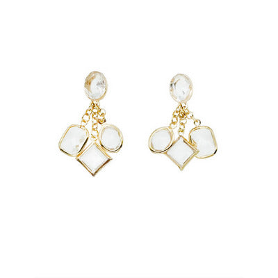 Meghan Browne YAV-GC earrings YAV design with clear gem stud and three gold chain drops with oval, square and rectangle gold circled clear gems