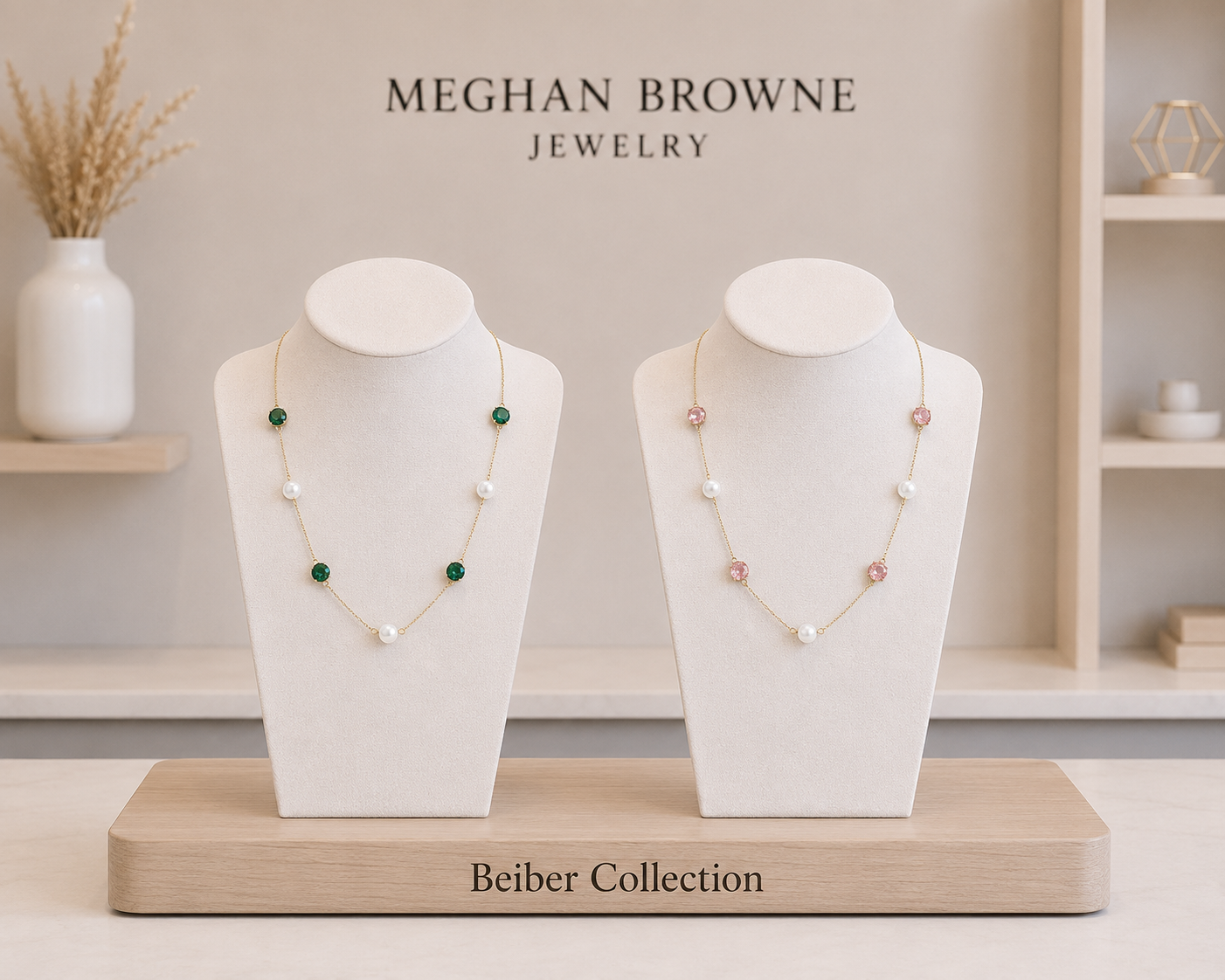 Meghan browne beiber necklace collection with gold chains and alternating pearl and stone beads in pink or emerald green BEIB-EP or BEIB-PP