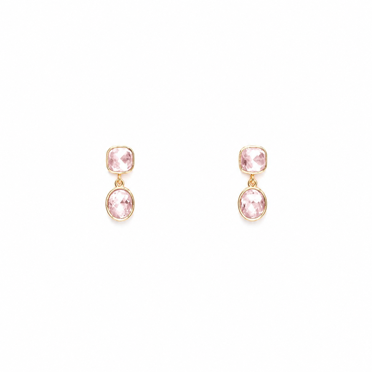 Meghan Browne ROSS-PK dangle earrings with a pink square with rounded edges stud earring with pink crystal and a dangle gold earring with a pink crystal