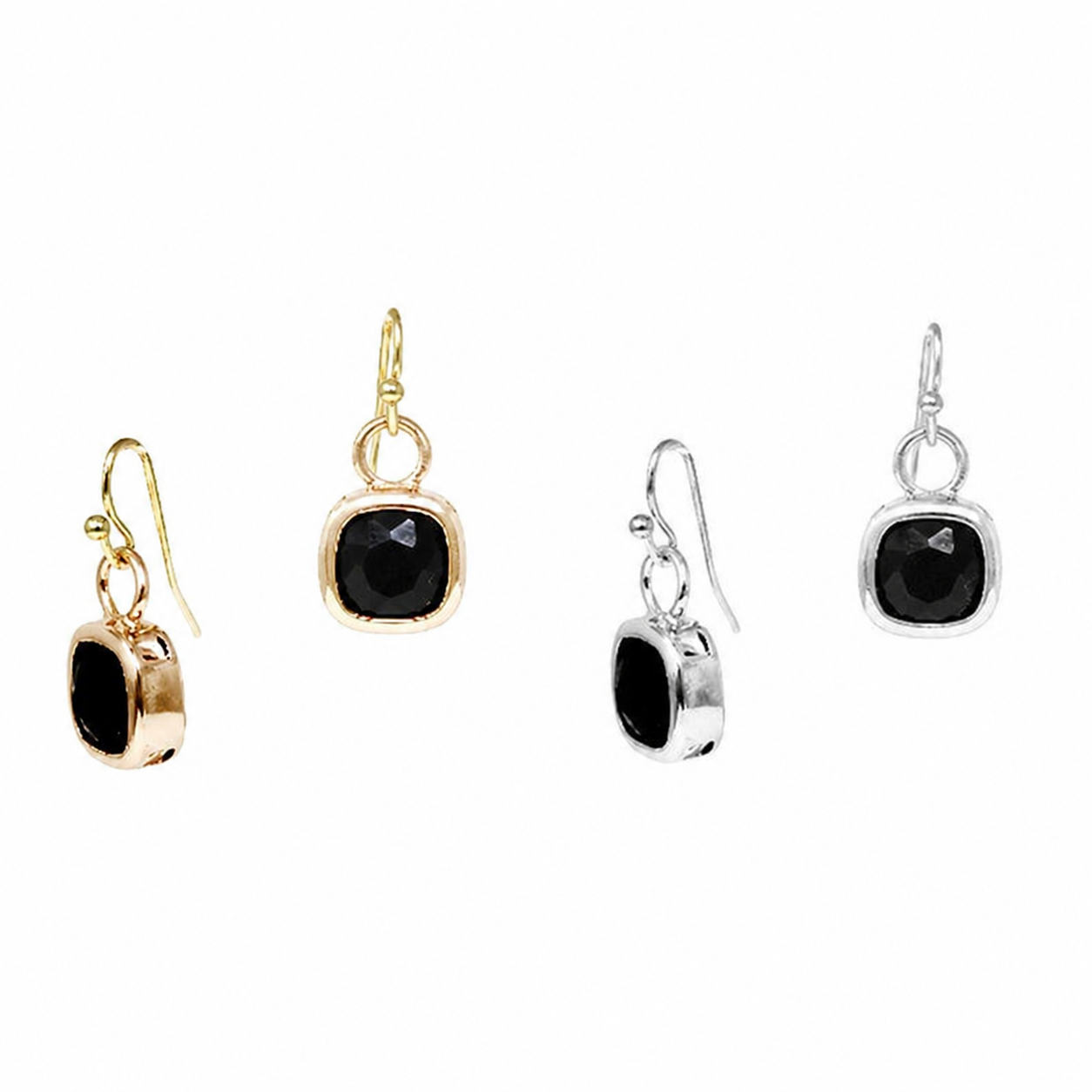 Two pairs of Meghan Browne Vedar Drop black crystal earrings in gold and silver