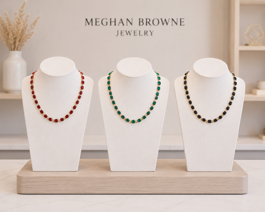 Meghan browne chil necklaces with gold necklace and rounded corner square gemstones in red green and black