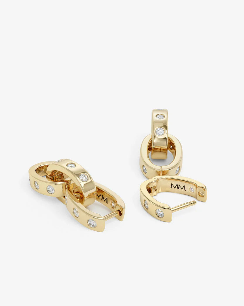 Melinda Maria Ashley Gold Chain hoop convertible  earrings with small stones on a white background