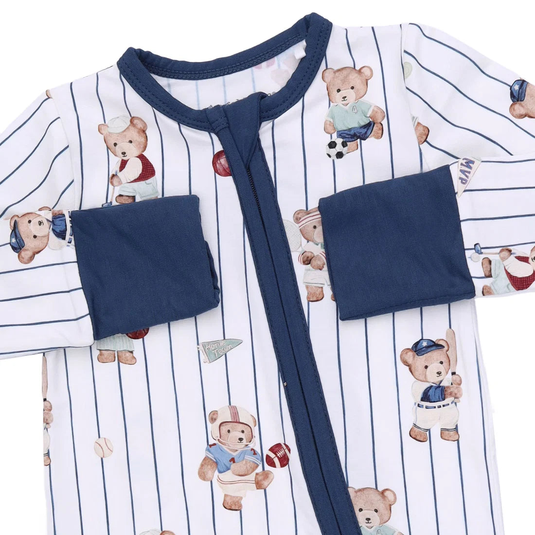 Angel dear mixed sports bearBaby onesie with teddy bear pattern and navy accents on a white background 