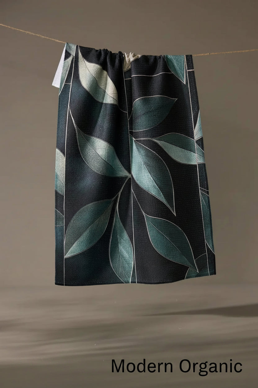 A dark Geometry modern organic tea towel with a large teal and light blue leaf pattern, hanging from a thin rope against a solid taupe background.