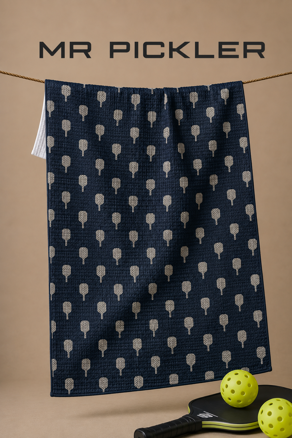 Geometry Mr Pickler Recreations tea towel is A dark navy blue waffle-weave towel with a repeating light beige pickleball pattern, hanging from a rope against a warm beige background. The brand name 'MR PICKLER' is printed in black at the top, and a paddle with two yellow pickleballs is visible in the bottom right corner.  The Little Exchange SKU 145108