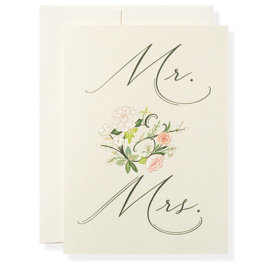 Card with 'Mr.' and 'Mrs.' text and floral design on a white background