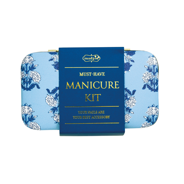 mudpie, manicure, nail, grooming, blue case, clippers, emery board, tweezers, compact mirror, manicure scissors, blue floral