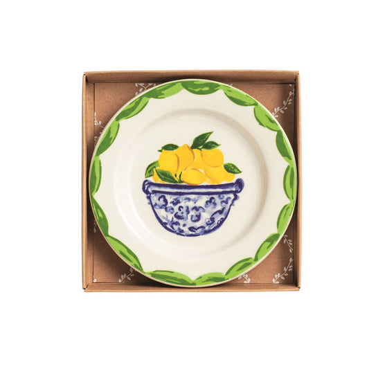 41230066L, tidbit plate, blue bowl of lemons and green boarder, mudpie