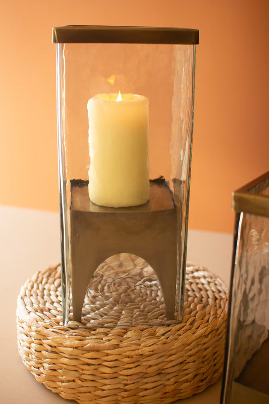 Square Glass Hurricane w/Brass Base Small