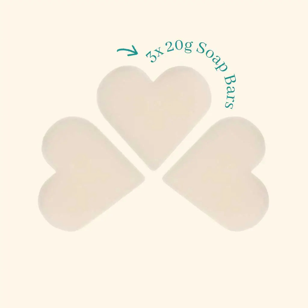 The English Soap Company and Christina May Guest Soaps with 3 heart shaped soaps naked out of wrapper showing the 3 20g sized soap bars