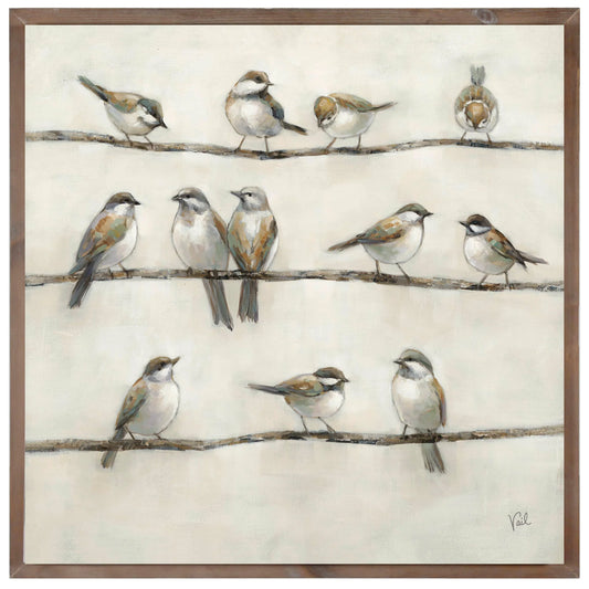 Art print of birds perched on wires with a wooden frame.