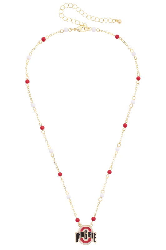 OSU Ohio State University Buckeyes Necklace with a gold chain that as stationary red and white beads and an Ohio State Logo pendant with an adjustable clasp