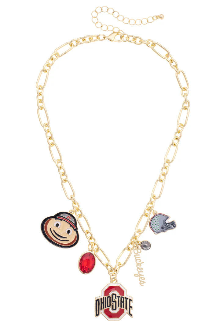 Gold link necklace with Ohio State Buckeye OSU charms including Brutus Buckeye face, red gemstone, Ohio State Logo, gold script Buckeyes and silver gemstone and an OSU gray football helmet with red stripe and buckeyel leaf stickers by canvas style