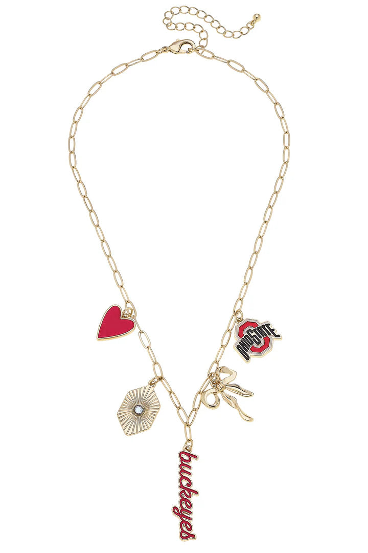 Ohio State University Gold paper clip necklace featuring 5 charms including a red heart, a gold design with a clear stone , a red script buckeyes, a gold bow and an Ohio State Logo by Canvas Style