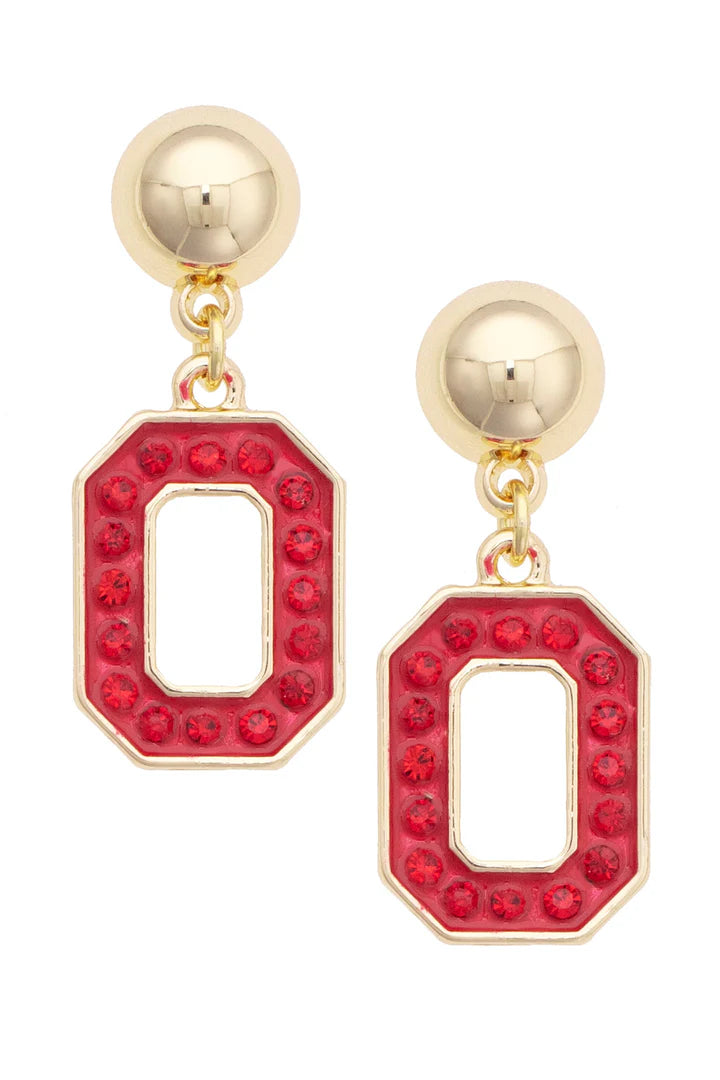 OSU Dangle earrings with gold ball stud and a gold drop chain holdling Ohio State Buckeyes signature O in Red with red pave stones outlined in gold by canvas style
