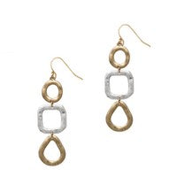 Pair of dangle earrings with gold and silver geometric shapes on a white background