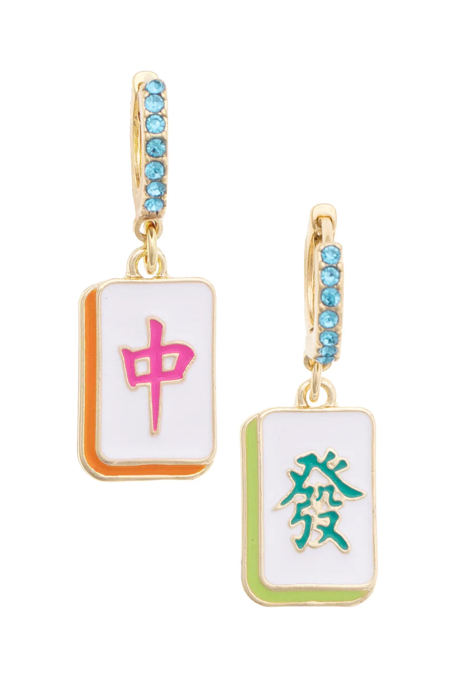Mahjong inspired huggie hoop earrings with gold hoops and turquoise gemstones with dangle Mahjong cards in gold green, orange and pink pastels