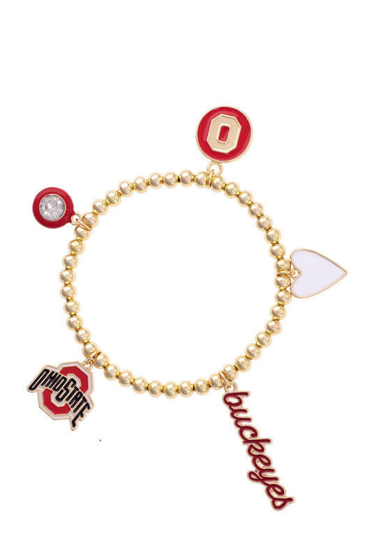 Ohio State Buckeyes gold beaded stretch bracelet with several Enamel Icons including a white heart, red script buckeyes, ohio state logo, red circle with white crystal and red disc with signature gold O all in shiny gold