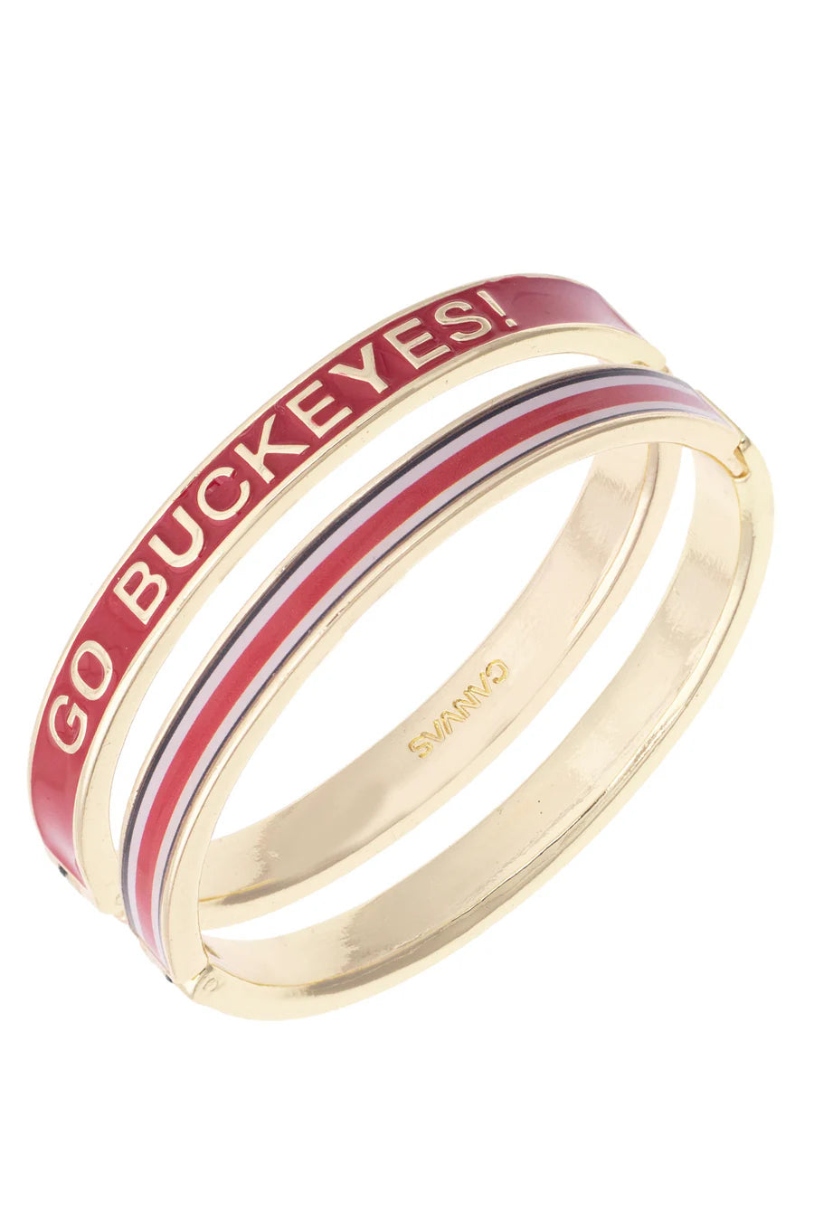 OSU Ohio State Buckeye gold bangle bracelet with GO BUCKEYES! on one side and a scarlet, gray and black stripe on the other side by canvas style