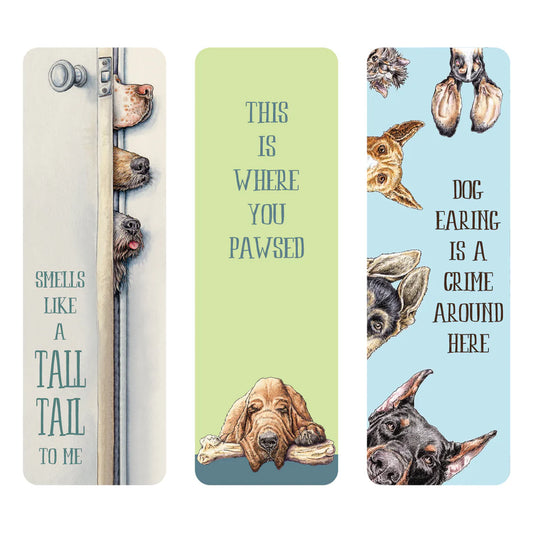 Three dog-themed bookmarks with humorous text and illustrations on a white background.