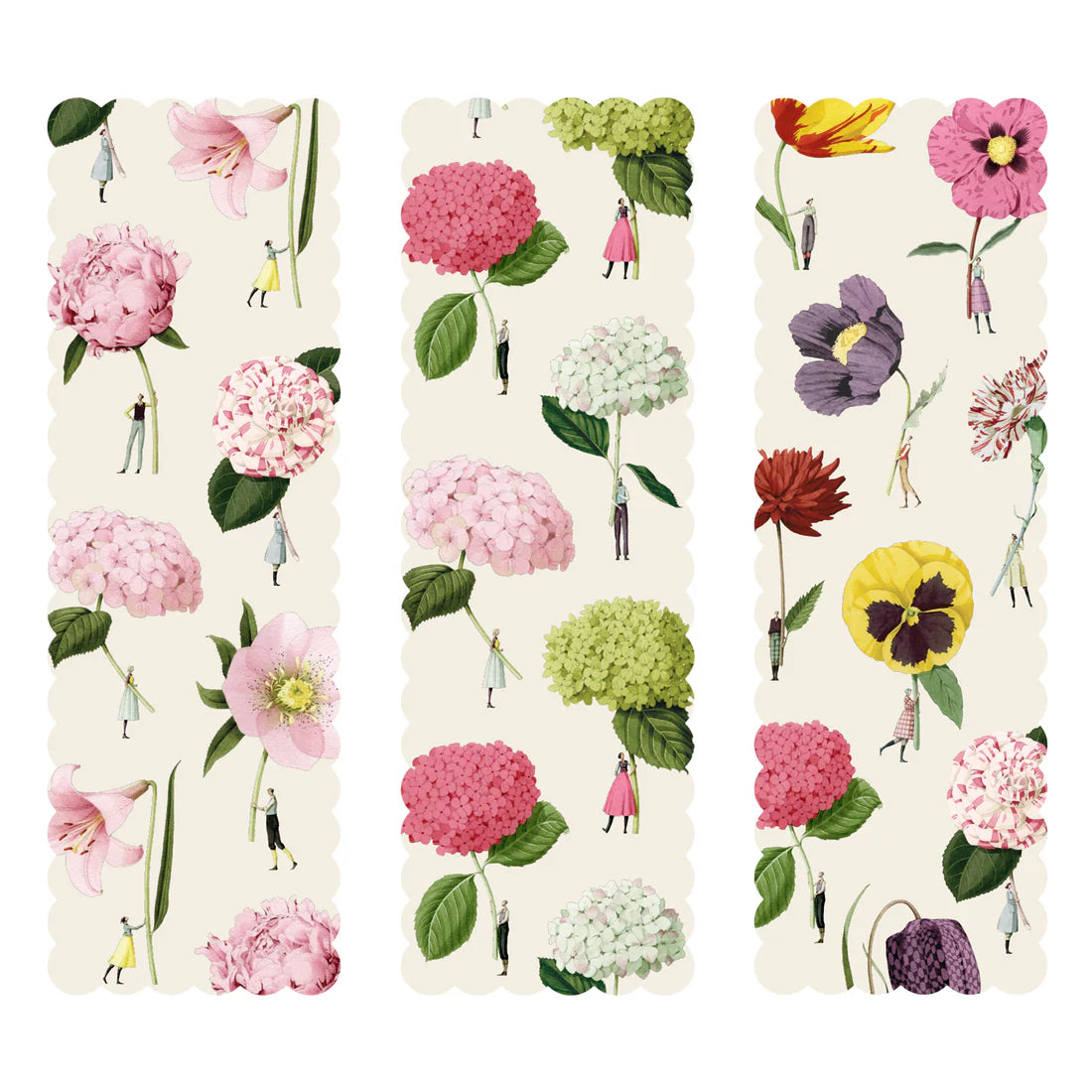 Three book marks with floral patterns on a white background