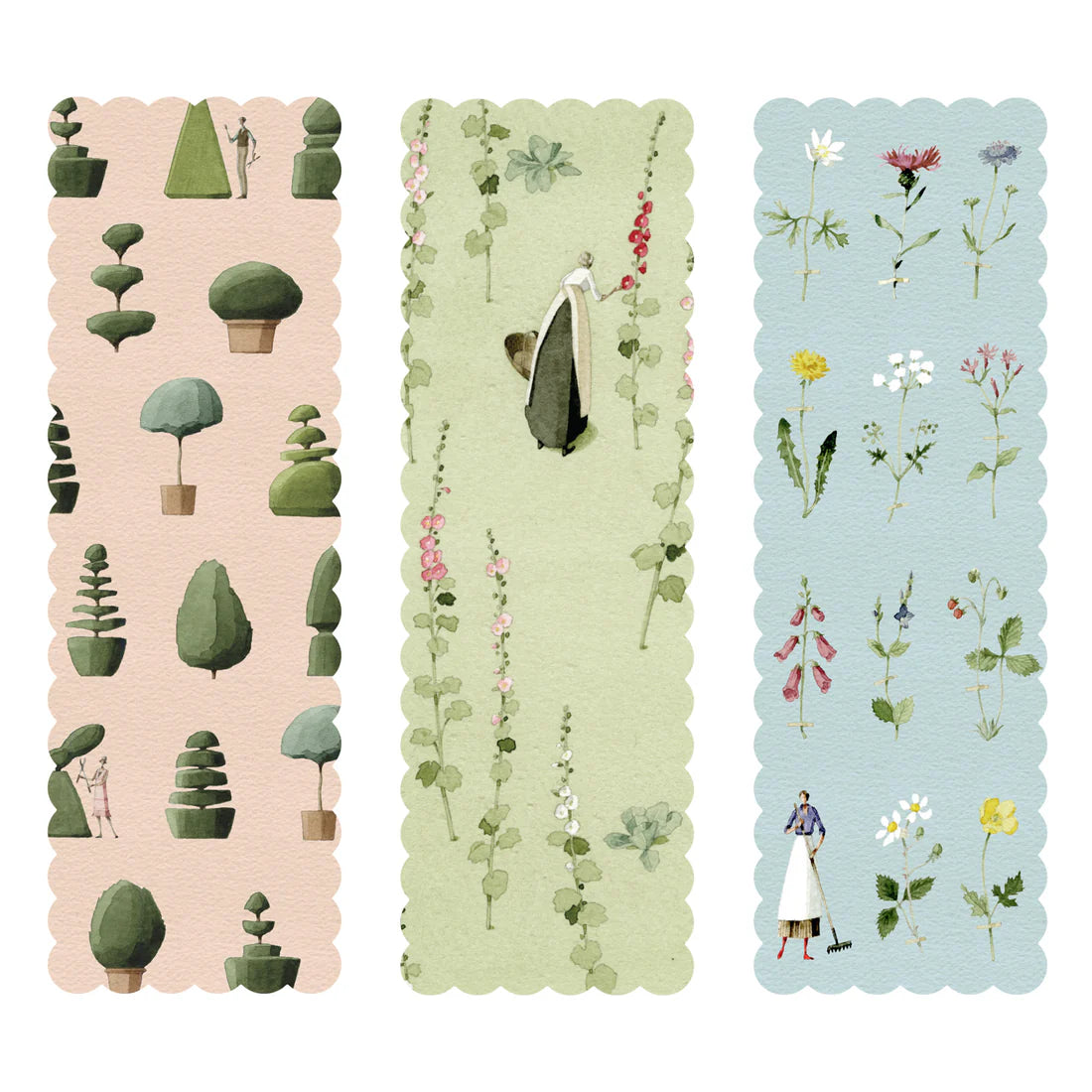 Three decorative bookmarks with garden-themed illustrations.