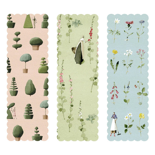 Three decorative bookmarks with garden-themed illustrations.