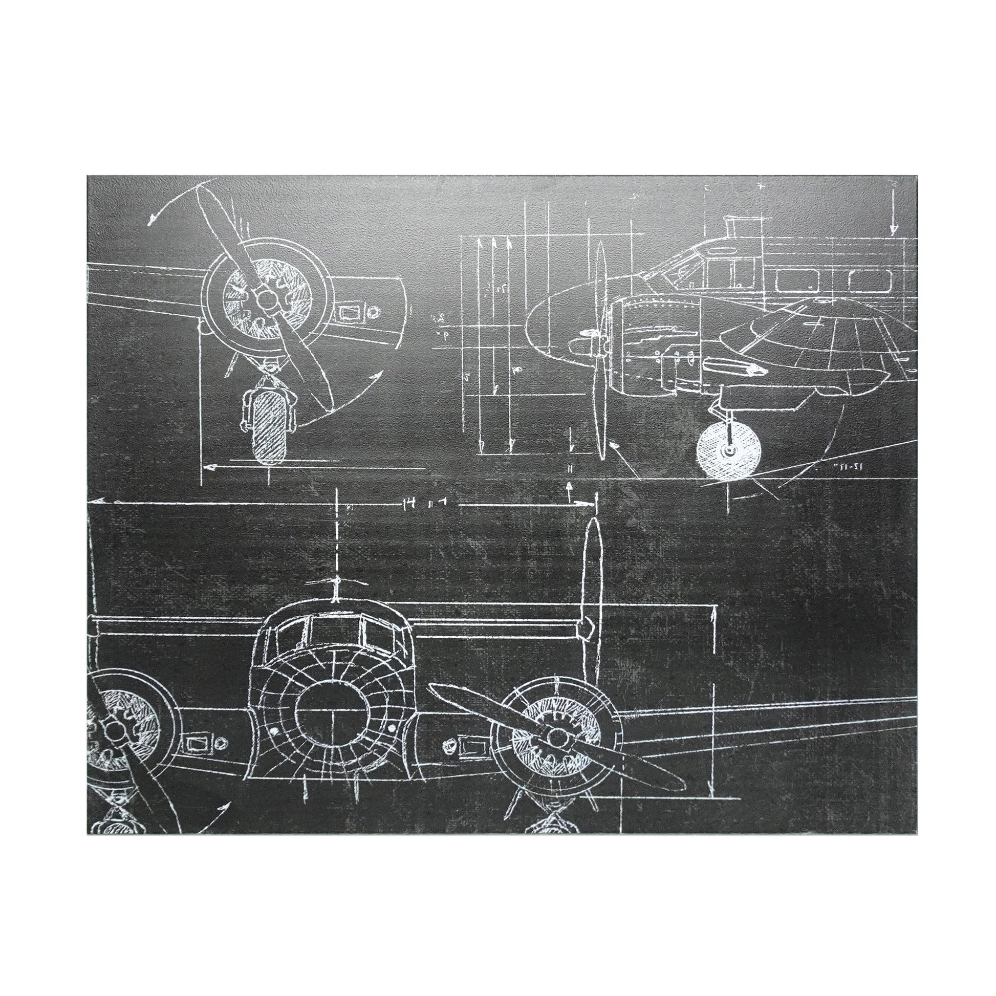metal wall art featuring vintage airplane blueprint schematics in white lines on a dark charcoal background.