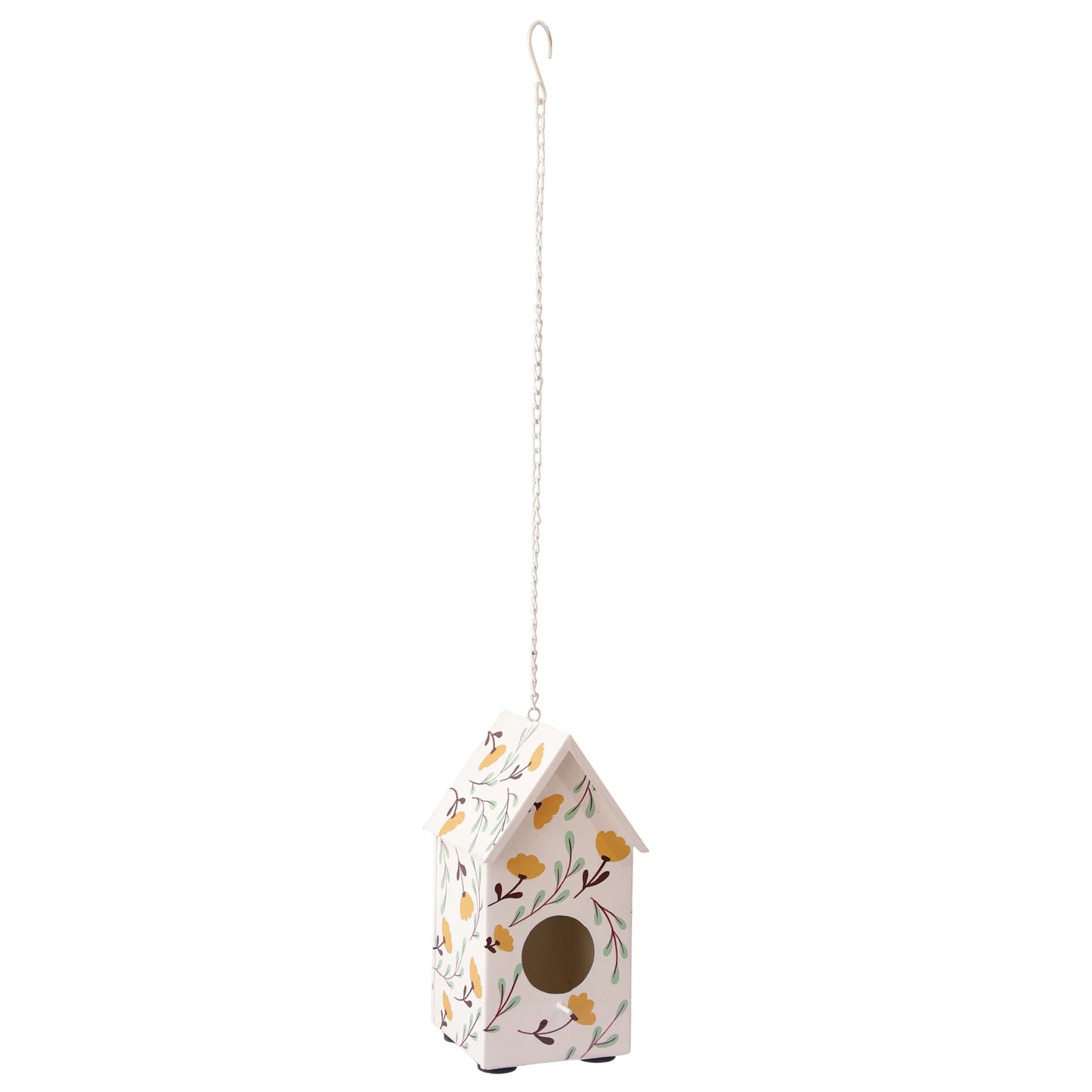 White metal birdhouse with a yellow floral design with green leaf stems, hanging on a chain.