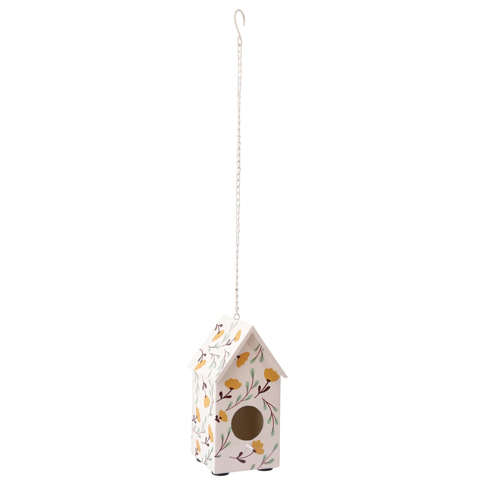 White metal birdhouse with a yellow floral design with green leaf stems, hanging on a chain.