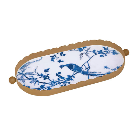 Decorative gold metal tray with a ceramic insert with a white background and a blue floral and bird pattern