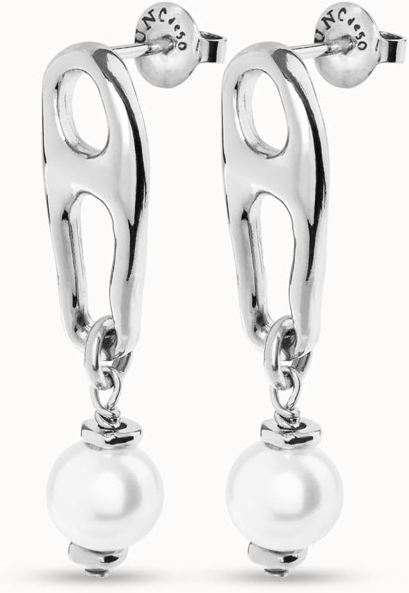 Size view of UNOde50 Pearl & Match Elongated Silver Double Link Earrings with Pearl Accent showing the earring back on a white background