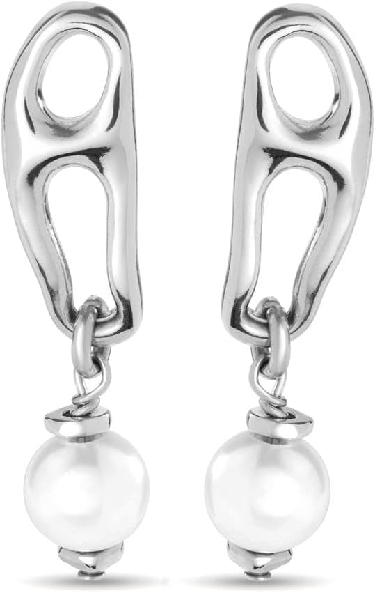 UNOde50 Pearl & Match Elongated Silver Double Link Earrings with Pearl Accent