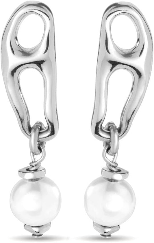 UNOde50 Pearl & Match Elongated Silver Double Link Earrings with Pearl Accent