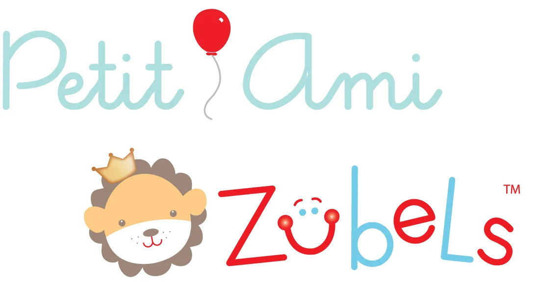 Logo of Petit Ami Zubel's with a lion illustration and colorful text on a white background parent company is Renzo available at the Little Exchange fine gifts in Oakwood just south of Dayton, Ohio