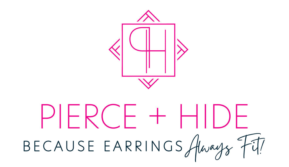 Pierce + Hide logo with tagline because earrings always fit on a white background avaliable at The Little Exchange