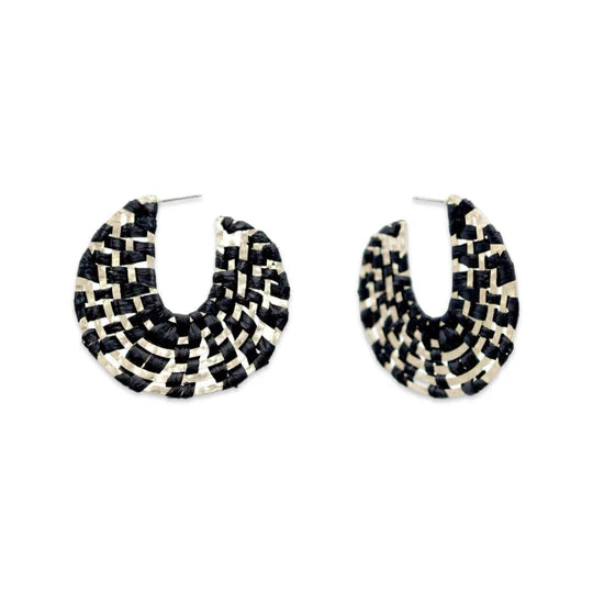 Pierce and hide black and gold raffia wrapped hoop earrings