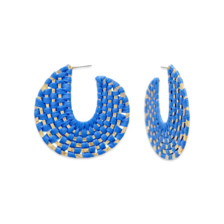 Pierce and hide blue and gold raffia wrapped hoop earrings
