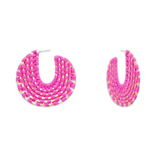 Pierce and Hide fuchsia and gold raffia wrapped hoop earrings