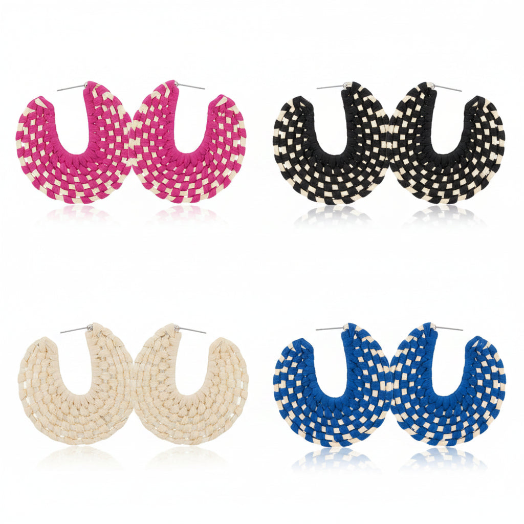 Pierce and Hide gold raffia wrapped hoop earrings in fuschia, black, cream and blue
