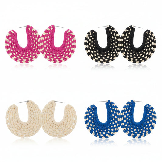 Pierce and Hide gold raffia wrapped hoop earrings in fuschia, black, cream and blue